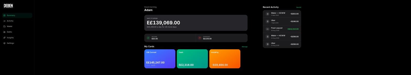 The Deben summary screen showing balances and recent activity
